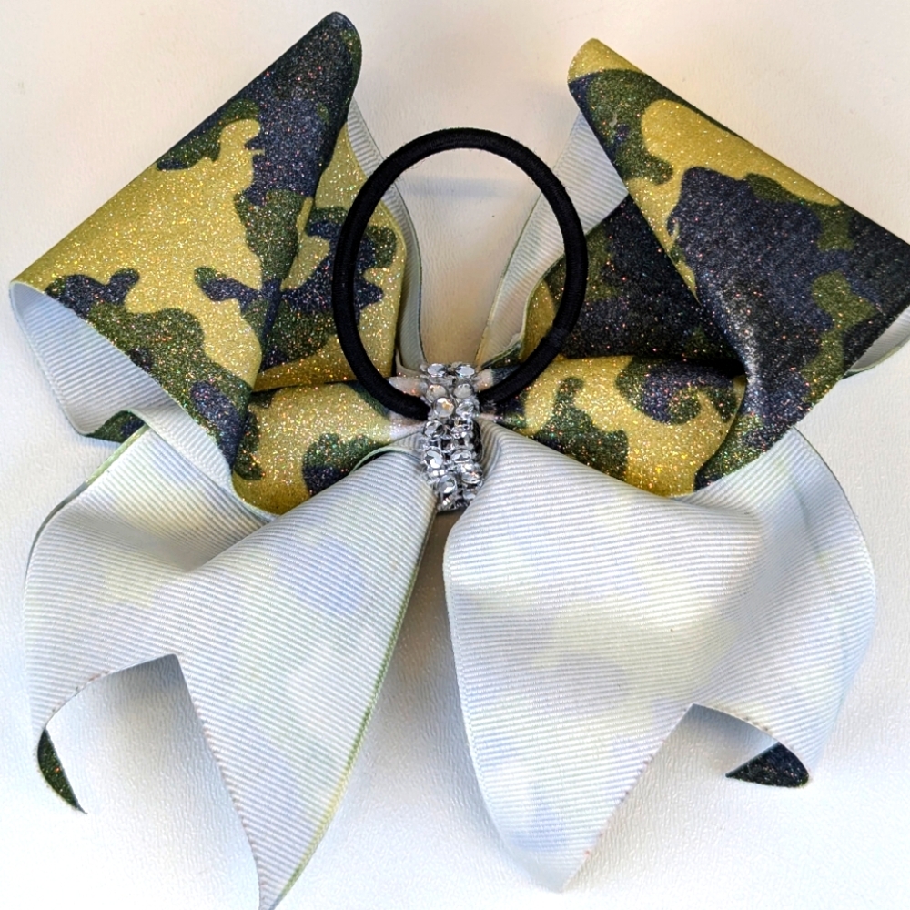 🎃 "Battle Ready" Camouflage Glittery Hair Bow Tie Handmade Army Mom - Picture 4 of 5